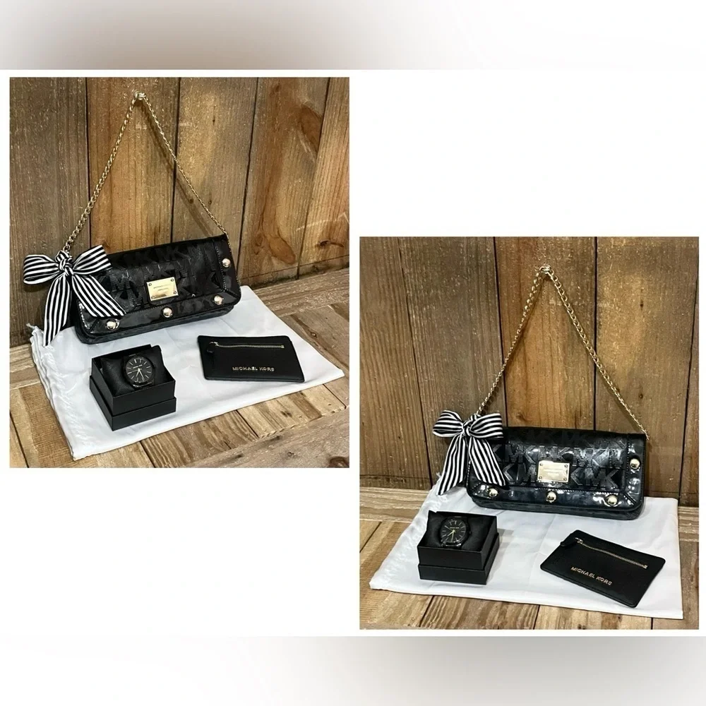 Michael Kors. 5 Piece: Delancy Clutch & Free Watch, Card Case, Twilly & Dust Bag